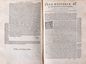 Guicciardini, Francesco : La historia dItalia Divisa in Venti libri. Riscontrata con tutti gli altri Historici, & Auttori, che dell'istesse cose habbiano scritto per Thomaso Porcacchi da Castiglione Arretino. Con un Giudicio fatto dal medesimo, per discoprir tutte le bellezze di questa Historia: & una Raccolta di tutte le Sententie sparse per l'Opera. Et con due Tavole: una degli Auttori citati in margine; & l'altra delle cose notabili. Aggiuntavi la Vita dell'Auttore, scritta da M. Remigio Fiorentino  - Asta Libri, Autografi e Stampe - Associazione Nazionale - Case d'Asta italiane