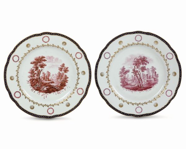 Coppia di piatti con decoro a paesi rossi<BR>Doccia, Manifattura Ginori, 1790-1800 circa<BR>  - Asta Maioliche e Porcellane - Associazione Nazionale - Case d'Asta italiane