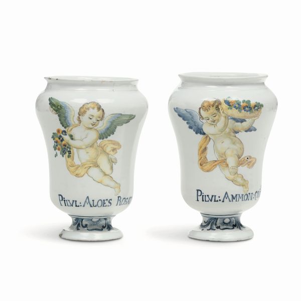 Coppia di albarelli<BR>Castelli, Bottega di Gesualdo Fuina (1755-1822), fine del XVIII secolo<BR>  - Asta Maioliche e Porcellane - Associazione Nazionale - Case d'Asta italiane