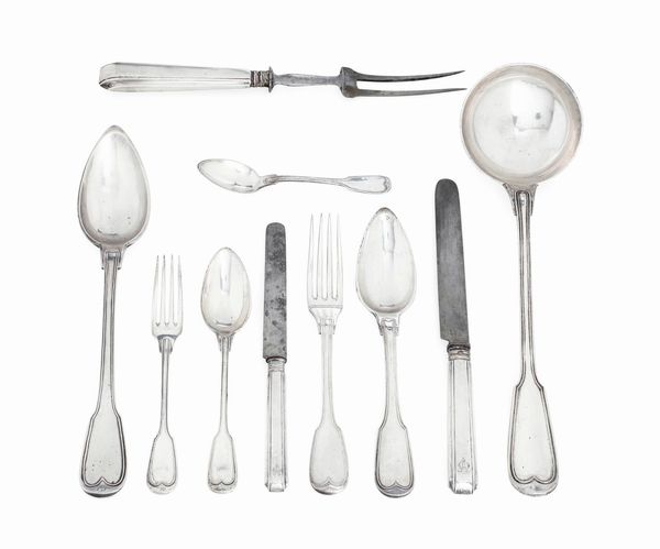 Servizio di posate per 12 coperti. Torino, XIX secolo. Marchi di titolo con testa di toro e aquila coronata in uso dal 1824 al 1872 e marchi con Italia Turrita in uso dal 1872 al 1934. Marchi degli argentieri Carlo Balbino (1798-1824) e di Giovan Battista Borrani (...1824...)  - Asta Argenti da collezione | Antichi - Associazione Nazionale - Case d'Asta italiane