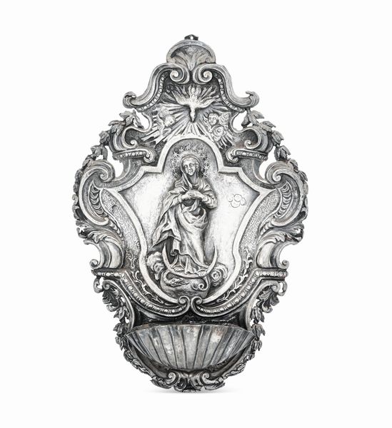 Acquasantiera con Immacolata. Genova, marchio della Torretta con datario (1)76.  - Asta Argenti da collezione | Antichi - Associazione Nazionale - Case d'Asta italiane