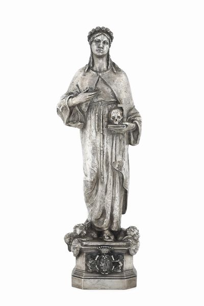 Santa Rosalia. Importante scultura in argento fuso a cera persa e cesellato. Firmata Giovanni Nicolini, Roma 1952, N.1  - Asta Argenti da collezione | Antichi - Associazione Nazionale - Case d'Asta italiane