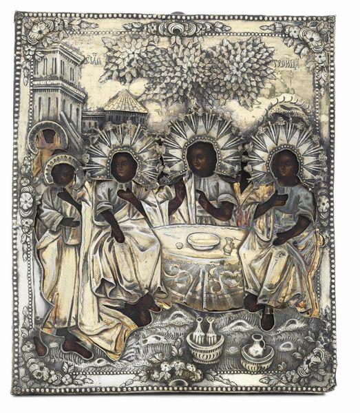 La trinit dell'antico testamento. Riza in argento. Marchi della citt di Mosca per l'anno 1793. Assaggiatore Andrej Titov, marchi dell'argentiere (non identificato) e marchi sulle vesti per l'anno 1852, assaggiatore Nikolaj Dubrovin e dell'argentiere (non identificato)  - Asta Argenti da Collezione | XX secolo - Associazione Nazionale - Case d'Asta italiane