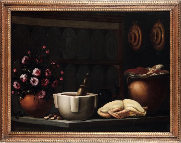 Astolfo Petrazzi : Interno di cucina con mortaio, pollame e vaso di fiori  - Asta Old Masters - Associazione Nazionale - Case d'Asta italiane