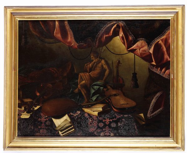 Scuola bergamasca del XVII secolo Natura morta con strumenti musicali, drappi e scultura di Nettuno  - Asta Old Masters - Associazione Nazionale - Case d'Asta italiane