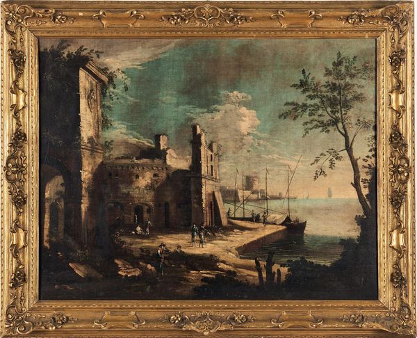 Scuola del XVIII secolo Veduta con approdo e figure  - Asta Old Masters - Associazione Nazionale - Case d'Asta italiane