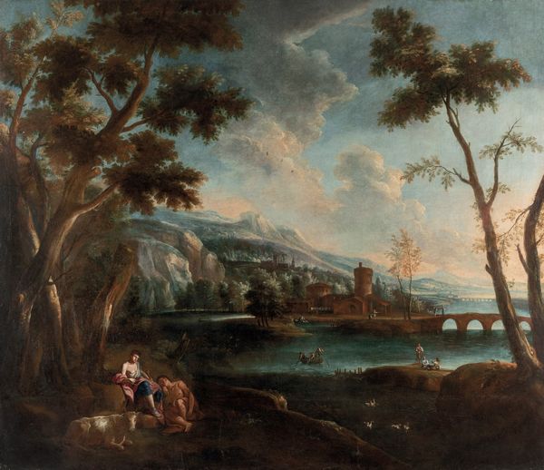 Scuola italiana del XVIII secolo Veduta con figure varie e case sullo sfondo con ponte sul fiume  - Asta Old Masters - Associazione Nazionale - Case d'Asta italiane