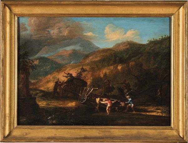 Scuola del XVIII secolo L'assalto alla diligenza<BR>Notturno con incendio  - Asta Old Masters - Associazione Nazionale - Case d'Asta italiane