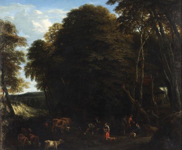 Jan-Baptist Huysmans : Paesaggio boschivo con pastori e armenti  - Asta Old Masters - Associazione Nazionale - Case d'Asta italiane