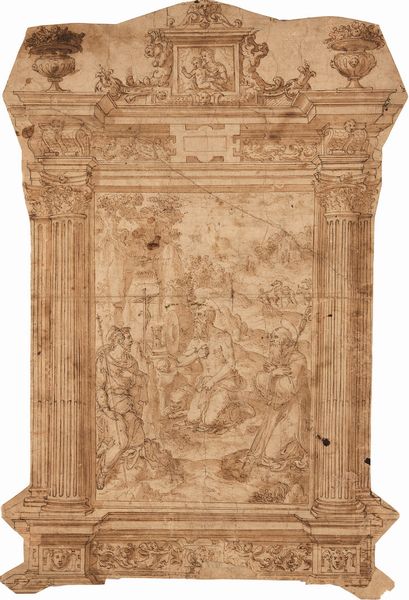Scuola del XVI secolo San Gerolamo in eremitaggio con santi entro ricco incorniciamento a tempietto  - Asta Old Masters - Associazione Nazionale - Case d'Asta italiane
