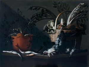 Astolfo Petrazzi : Interno di cucina con pesci, cacciagione e ceste di ortaggi  - Asta Old Masters - Associazione Nazionale - Case d'Asta italiane