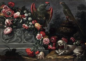 Andrea Scacciati : Natura morta con fiori, pappagalli e cagnolino  - Asta Old Masters - Associazione Nazionale - Case d'Asta italiane