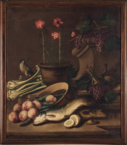 Scuola lombarda del XVIII secolo Nature morte con frutti, ortaggi, pesci e altri animali  - Asta Old Masters - Associazione Nazionale - Case d'Asta italiane