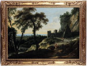 Nicolas-Didier Boguet, Attribuito a - Paesaggio con contadini e rovine