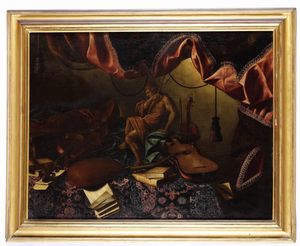 Scuola bergamasca del XVII secolo Natura morta con strumenti musicali, drappi e scultura di Nettuno  - Asta Old Masters - Associazione Nazionale - Case d'Asta italiane