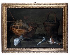 Giuseppe Recco : Natura in posa con pesci e crostacei  - Asta Old Masters - Associazione Nazionale - Case d'Asta italiane