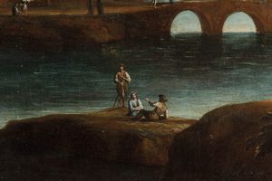 Scuola italiana del XVIII secolo Veduta con figure varie e case sullo sfondo con ponte sul fiume  - Asta Old Masters - Associazione Nazionale - Case d'Asta italiane