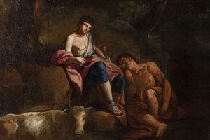 Scuola italiana del XVIII secolo Veduta con figure varie e case sullo sfondo con ponte sul fiume  - Asta Old Masters - Associazione Nazionale - Case d'Asta italiane