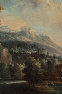 Scuola italiana del XVIII secolo Veduta con figure varie e case sullo sfondo con ponte sul fiume  - Asta Old Masters - Associazione Nazionale - Case d'Asta italiane