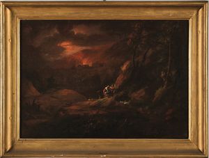 Scuola del XVIII secolo L'assalto alla diligenza<BR>Notturno con incendio  - Asta Old Masters - Associazione Nazionale - Case d'Asta italiane