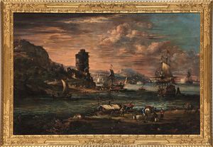 Adriaen Van der Cabel : Scuola del XVIII secolo Veduta di porto  - Asta Old Masters - Associazione Nazionale - Case d'Asta italiane