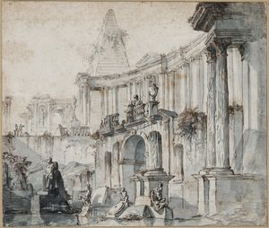 Giovanni Paolo Panini, Attribuito a - Capriccio con rovine architettoniche e figure