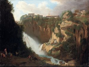 Hubert Robert, nei modi di - Vedute con le cascate di Tivoli e il Tempio di Vesta