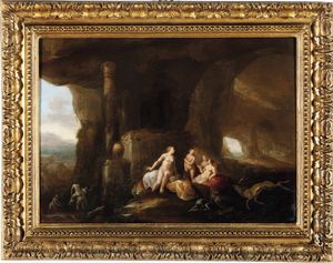 Abraham van Cuylenborch, Attribuito a - Diana e le ninfe al bagno in una grotta