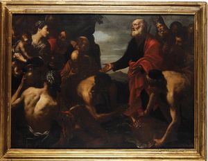 Luca Saltarello : Mos fa scaturire lacqua dalla roccia  - Asta Old Masters - Associazione Nazionale - Case d'Asta italiane