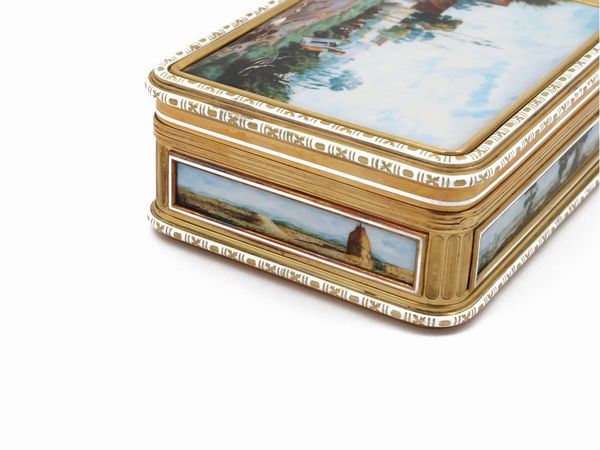 Tabacchiera in oro giallo e argento con smalti miniature  - Asta Gioielli e Orologi - Associazione Nazionale - Case d'Asta italiane