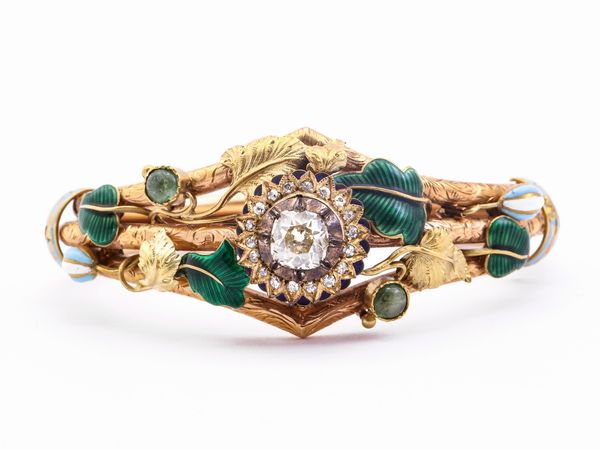Bracciale rigido in oro giallo con diamanti, smeraldi e smalti policromi  - Asta Gioielli e Orologi - Associazione Nazionale - Case d'Asta italiane