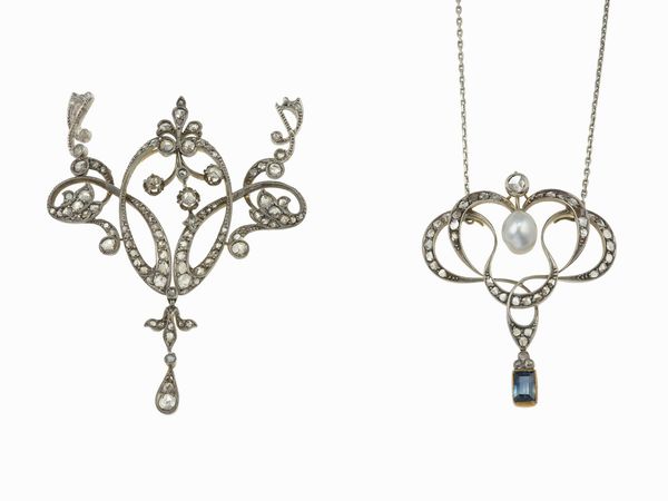 Due pendenti con perla e rosette di diamante  - Asta Gioielli - Associazione Nazionale - Case d'Asta italiane
