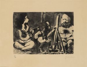 Pablo Picasso - Peintre au travail avec modele barbu et une spectatrice assise en tailleur