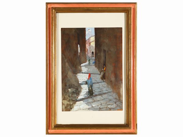 Gino Tommasi : Scorcio di paese con figure  - Asta Una casa al Ponte Vecchio - Associazione Nazionale - Case d'Asta italiane