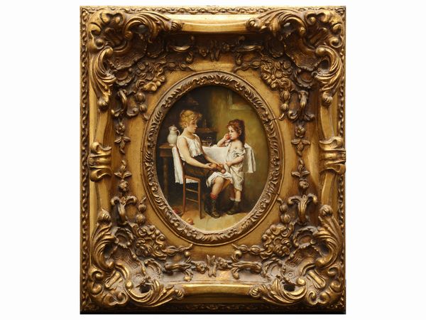 Scuola francese del XX secolo : Bambine a tavola  - Asta Una casa al Ponte Vecchio - Associazione Nazionale - Case d'Asta italiane