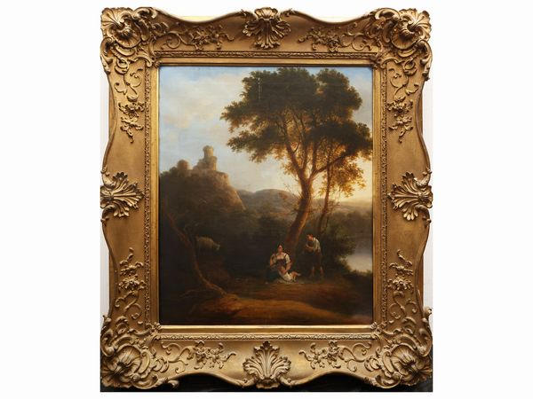 Scuola francese : Paesaggio con personaggi  - Asta Una casa al Ponte Vecchio - Associazione Nazionale - Case d'Asta italiane