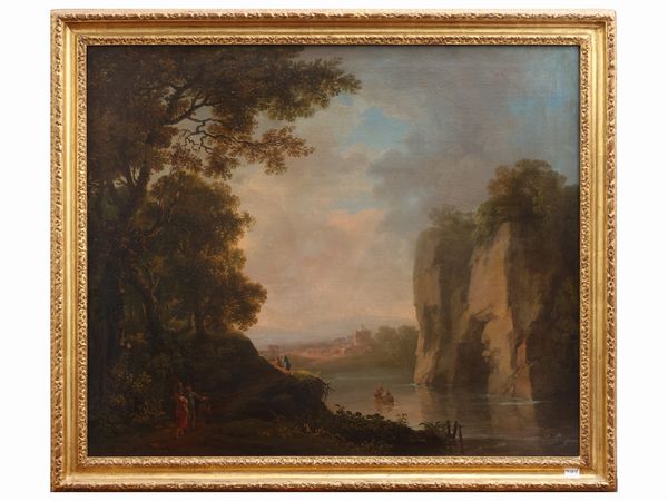Scuola tedesca del XVIII secolo : Paesaggio lacustre con personaggi  - Asta Una casa al Ponte Vecchio - Associazione Nazionale - Case d'Asta italiane