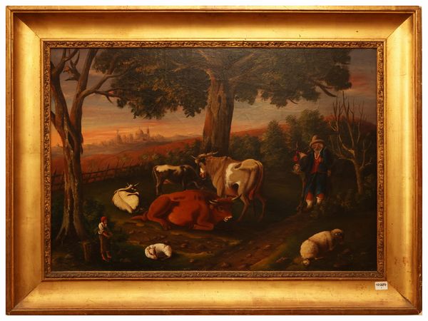 Scuola toscana : Pastore con armenti in un bosco con veduta di Firenze sullo sfondo  - Asta Una casa al Ponte Vecchio - Associazione Nazionale - Case d'Asta italiane
