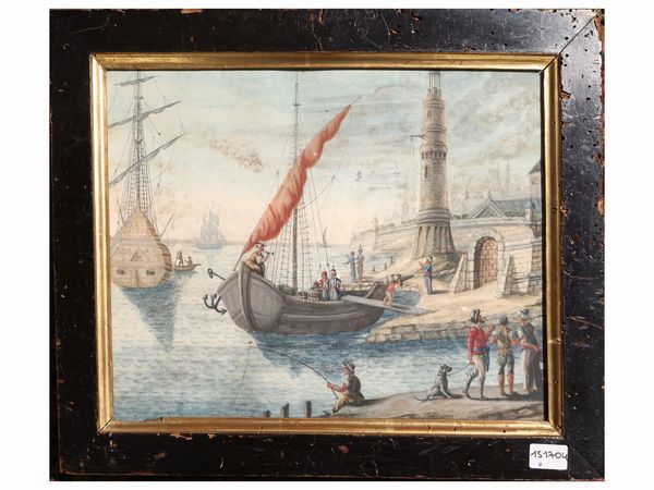 SCUOLA PIEMONTESE DEL XVIII SECOLO : Veduta di porto con personaggi orientali  - Asta Una casa al Ponte Vecchio - Associazione Nazionale - Case d'Asta italiane