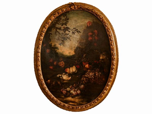 Scuola napoletana : Paesaggio con fiori, frutta e uccelli  - Asta Una casa al Ponte Vecchio - Associazione Nazionale - Case d'Asta italiane