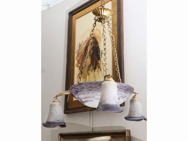 Lampadario in vetro satinato nei toni del viola  - Asta Una casa al Ponte Vecchio - Associazione Nazionale - Case d'Asta italiane