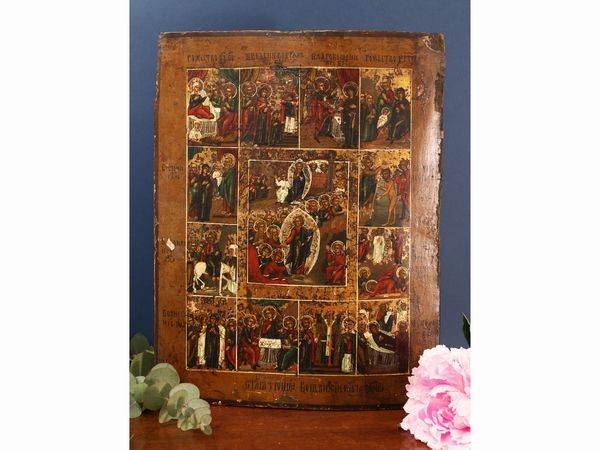 Scuola russa : Icona delle Dodici Feste dell'anno liturgico della Chiesa Ortodossa  - Asta Una casa al Ponte Vecchio - Associazione Nazionale - Case d'Asta italiane