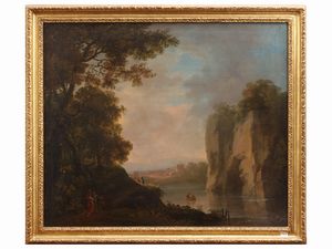 Scuola tedesca del XVIII secolo - Paesaggio lacustre con personaggi