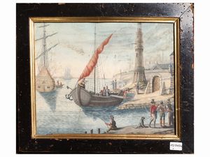 SCUOLA PIEMONTESE DEL XVIII SECOLO - Veduta di porto con personaggi orientali