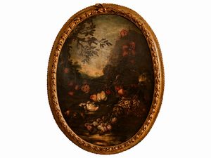 Scuola napoletana - Paesaggio con fiori, frutta e uccelli