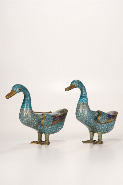 Coppia di papere a smalti cloisonn, Cina, Dinastia Qing, XIX secolo  - Asta Dimore italiane - Associazione Nazionale - Case d'Asta italiane