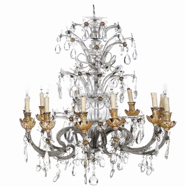 Lampadario in ferro e vetro, bobeche in legno intagliato e dorato. XIX secolo  - Asta Dimore italiane - Associazione Nazionale - Case d'Asta italiane