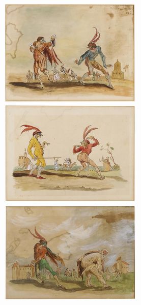 Scuola del XIX secolo Capitan Bombardone e Capitan Grillo<BR>Capitan Babbeo e Cucuba<BR>Capitan Spezza Monti e Bagattino  - Asta Dimore italiane - Associazione Nazionale - Case d'Asta italiane