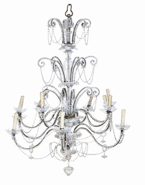 Lampadario a dodici luci in metallo e cristalli. XX secolo  - Asta Dimore italiane - Associazione Nazionale - Case d'Asta italiane