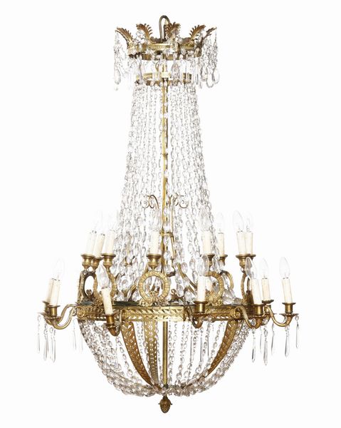 Lampadario in bronzo dorato e cristalli. Francia XIX secolo  - Asta Dimore italiane - Associazione Nazionale - Case d'Asta italiane